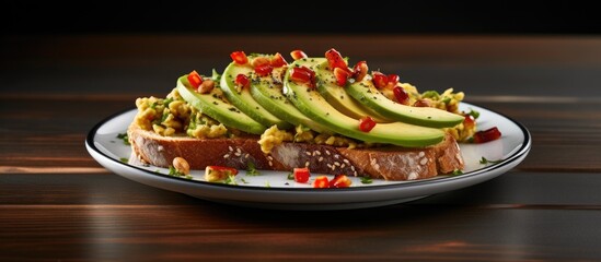 Avocado and chili on rye bread displayed on a white plate with a plain white background, perfect for copy space image.