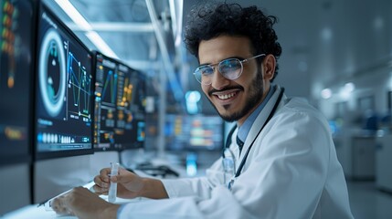 Arab scientist in a lab coat smiling while conducting an experiment in a high-tech laboratory showcasing scientific curiosity and achievement Portrait, Realistic Photo, High resolution, Half-body