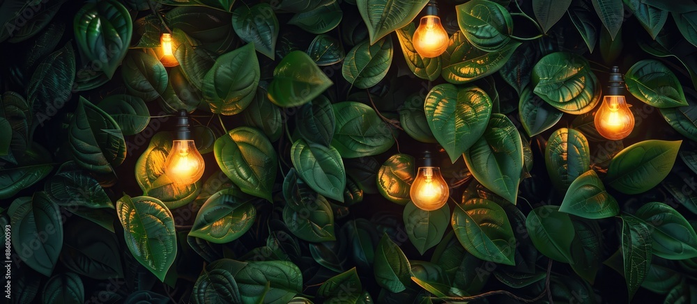 Aufkleber green leaves making up a background with a garland of light bulbs, ideal for a copy space image.