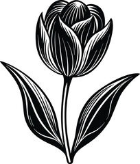 Handcrafted Tulip Linocut Art Print, Elegant Black and White Floral Illustration, a vintage print