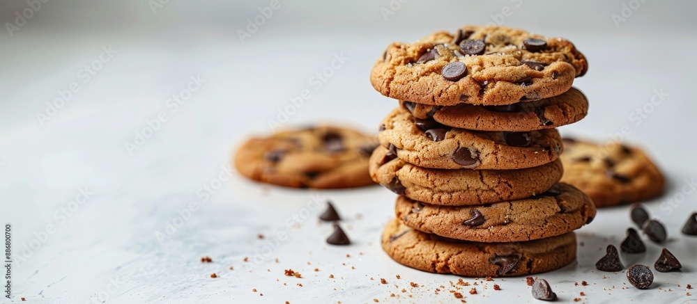 Aufkleber a mouthwatering stack of chocolate chip cookies on a white surface with copy space image.