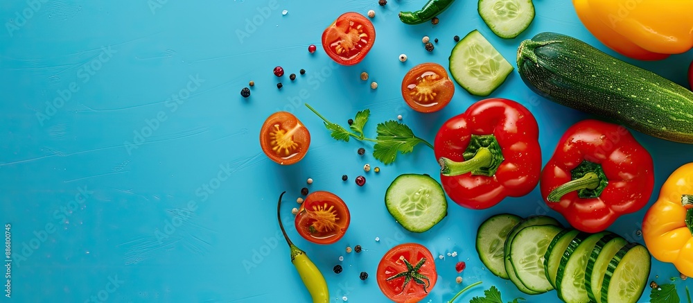 Poster display assorted fresh vegetables like cucumber, tomatoes, and peppers on a blue surface for a healt