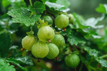 Green grapes cluster on vine surrounded by rich leaves. Fresh produce in garden setting with natural plants. Perfect for food and nature photography, eco-friendly branding, or tech startup visuals.