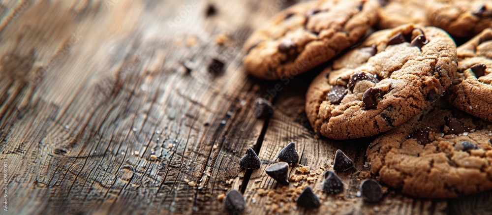 Poster A close-up of delicious cookies on a rustic wooden surface, with space for text or other elements in the image.