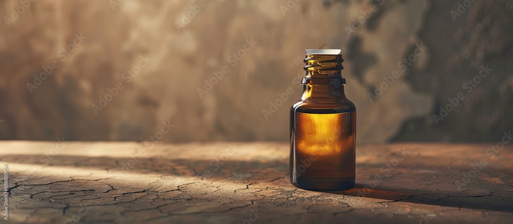 Poster close-up capture of a glass bottle with essential oil on a dark beige backdrop, offering a blank spa