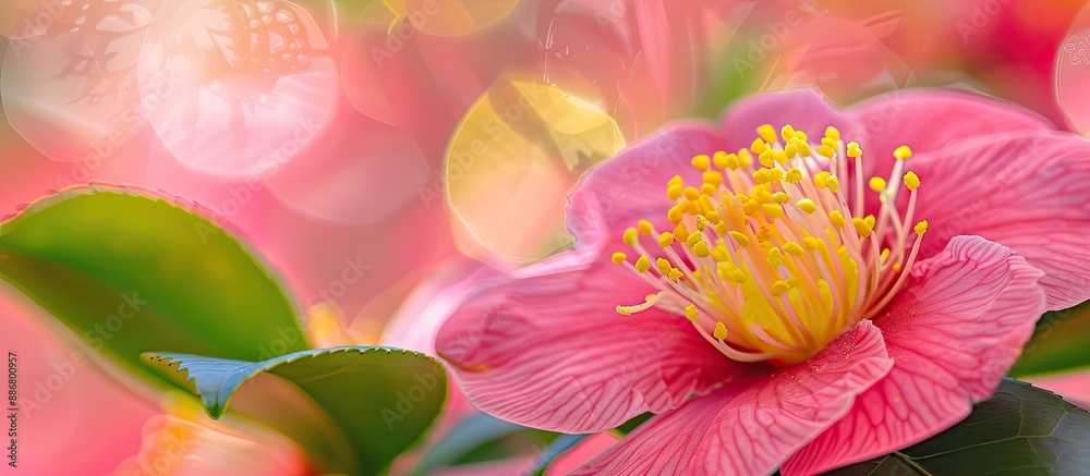 Aufkleber blurred pink camellia and yellow stamens create a floral background with copy space image.