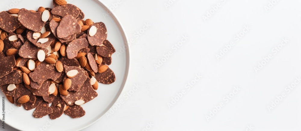 Poster top view of chocolate almond thin chips on a plate against a white background with copy space image.