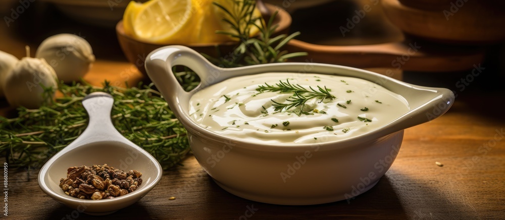 Poster savory yogurt sauce displayed in a gravy boat with ingredients arranged neatly on a kitchen table, s