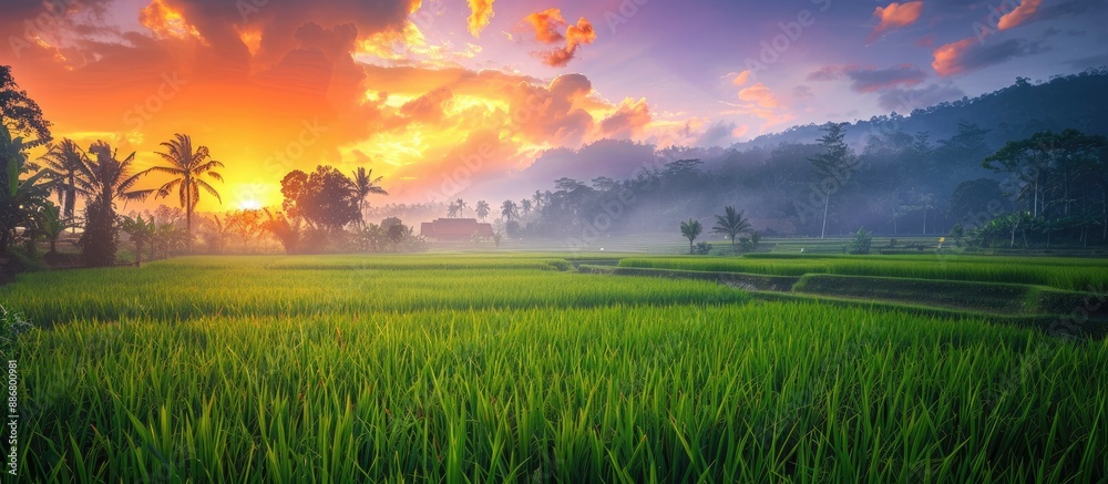 Poster lush green rice fields under a colorful sky with trees in the background growing under the sunrise w