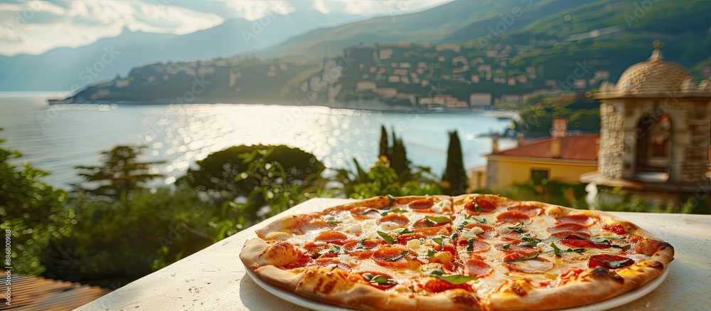 Poster scrumptious italian pizza presented on a platter against a picturesque backdrop with copy space imag