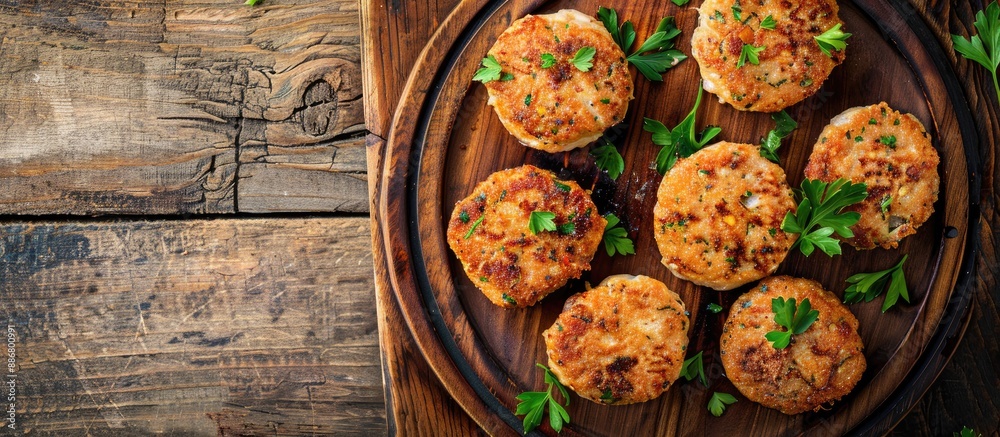 Poster top view of roasted fish cutlets or patty on a wooden plate with a wooden background providing copy 