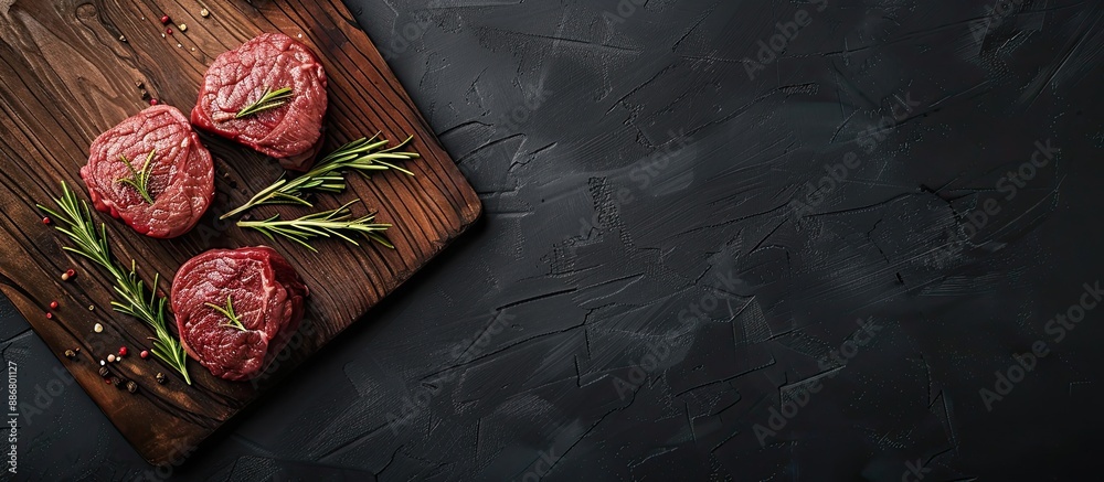 Poster fresh filet mignon steaks with rosemary on a wooden board over a black background. organic ingredien