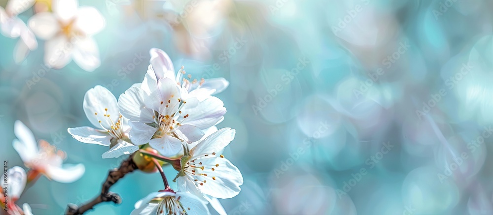 Fototapete close-up of almond blossom in early spring with a soft blue background to add a dreamy effect, ideal