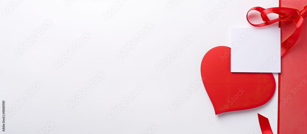 Poster valentine concept background with a red card featuring a heart-shaped clip on a white backdrop, conv