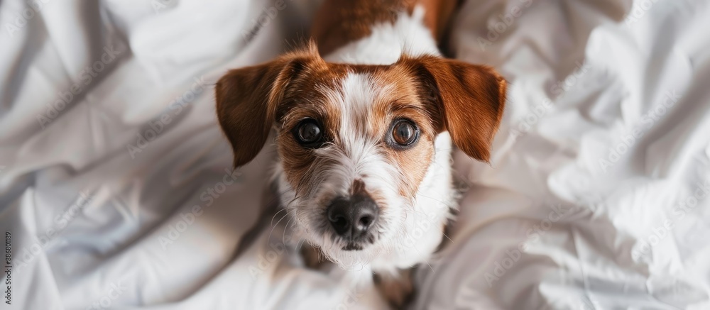 Poster charming jack russell terrier looking up at the camera from the bed in an overhead shot, with an eng