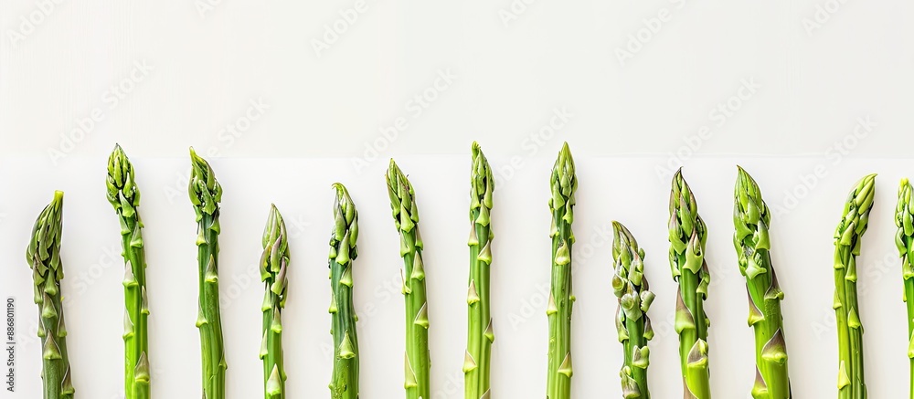 Poster A neatly arranged row of vibrant green asparagus on a clean white surface creating an appealing vegetable pattern with ample copy space image.