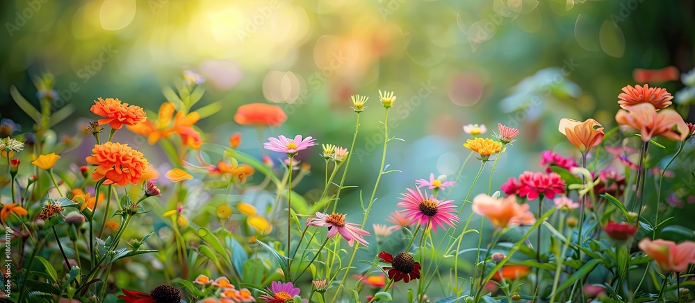 Poster Flowers blooming in the garden, with a beautiful scenery and potential for using it in a copy space image.