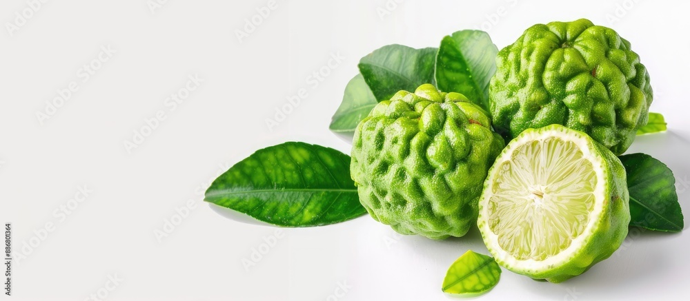 Poster fresh bergamot fruit on a white background with a cut green bergamot in half, featuring a clipping p