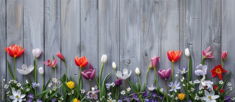 Leinwandbilder Grey wooden backdrop adorned with a row of tulips, snowdrops, and crocuses, creating a spring-themed border with an ample empty copy space image for decoration.