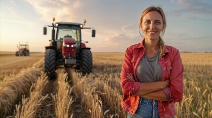 fermière dans son champs de blé devant son tracteur au soleil couchant