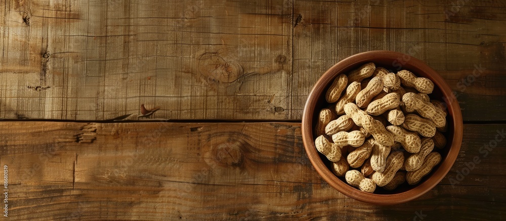 Poster a wooden table displays a bowl of peanuts with space for text or images.