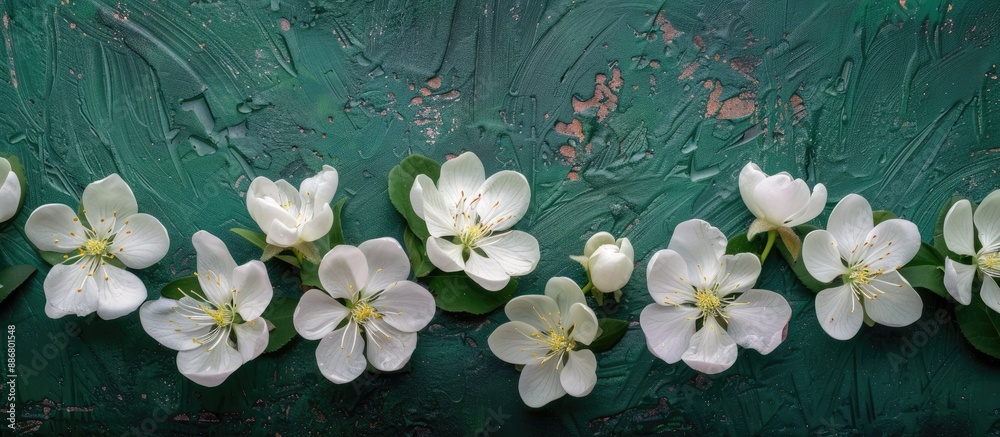 Leinwandbilder spring white flowers arranged on a green surface in a flat lay composition with copy space image.