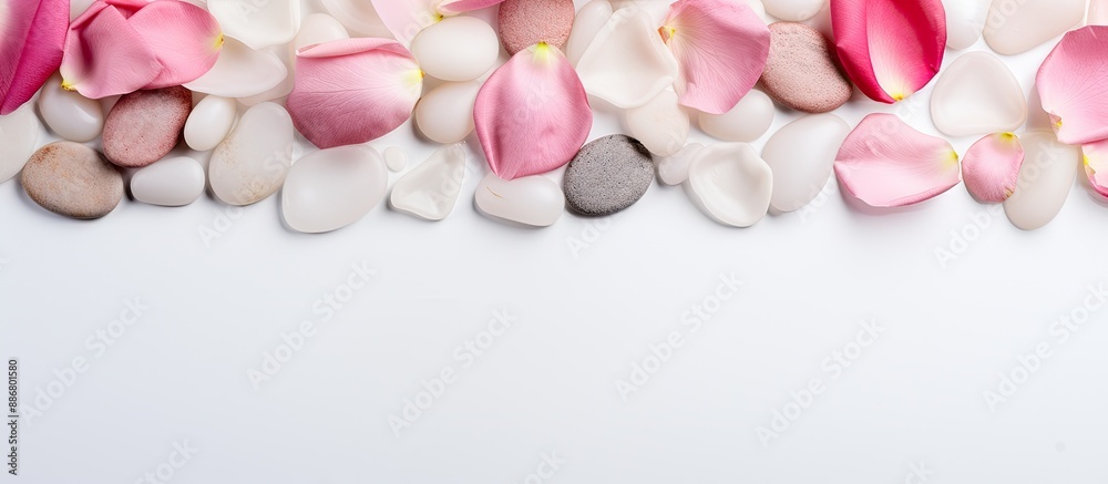 Poster spa-themed background with sea pebbles and rose petals on a neutral mat with copy space image.