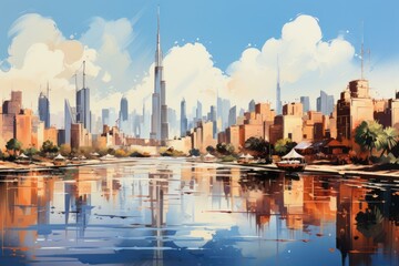 Dubai November 17, 2017 Skyline de Dubai at night with Burj al Arab in the firs, generative IA