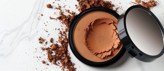 Box of pressed powder with mirror on white background for copy space image.