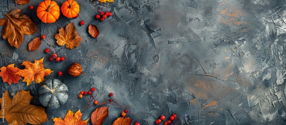 Poster creative autumn-themed decoration using fall leaves and pumpkins on a stone surface in a flat lay, t