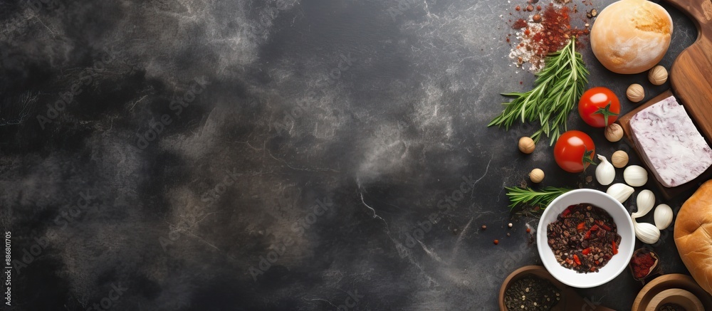Poster Stone background adding copy space for food or baking recipe concept with a cutting board for pizza or bread on a table. Panoramic top view in flat lay style.