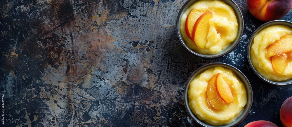 Poster close-up of vanilla pudding and peaches in bowls on a textured grunge background, with copy space im