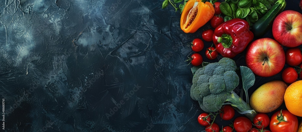 Aufkleber Top view of fresh fruits and vegetables creating a backdrop with copy space image.