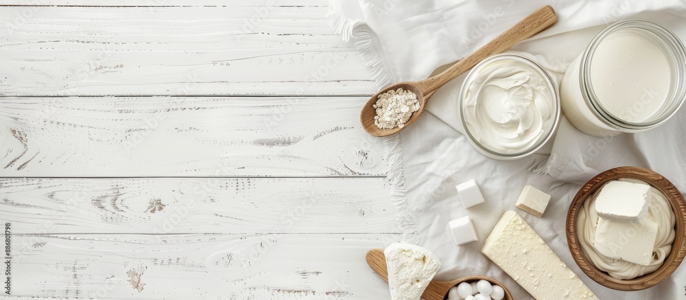 Aufkleber Dairy product samples displayed on a white wood table with copy space image available.