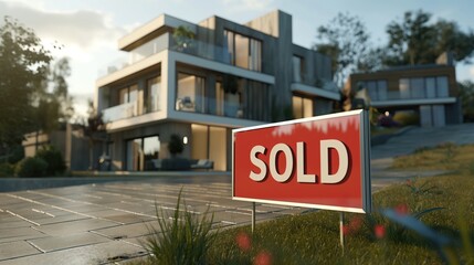 modern house with sold sign outside, in front of the house , representing successful property sales, real state business