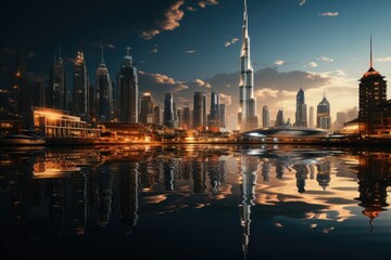 Naklejka premium Dubai, United Arab Emirates December 26, 2017 Camels on Skyscrapers Background , generative IA