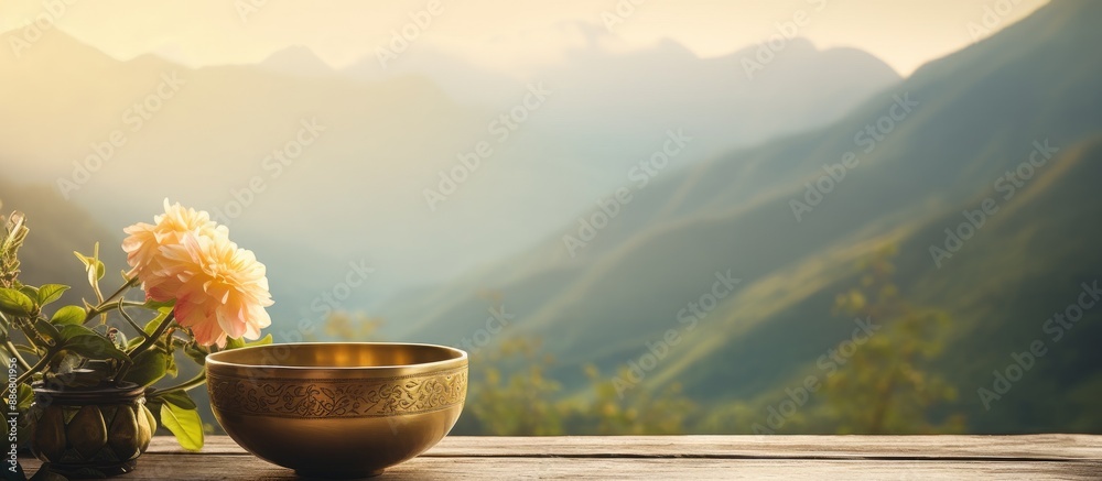 Poster A golden singing bowl and a flower arranged on a wooden table with a scenic mountain backdrop, creating a serene setting with room for adding text alongside the image.