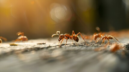 Fototapeta premium Close-up view of a group of ants in motion.
