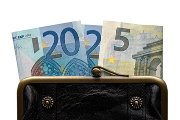 2025 written with euros bank notes in a purse isolated on white background, finances, earnings and...