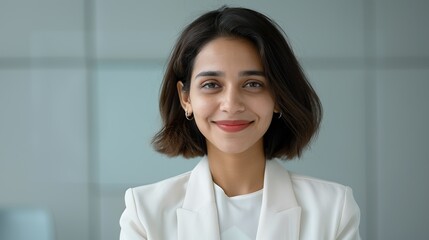 Indian businessperson smiling while giving a presentation in a corporate boardroom representing business acumen and confidence Portrait, Realistic Photo, High resolution, Half-body picture,