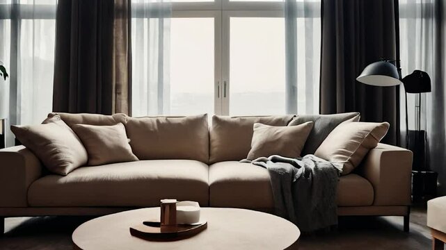 Minimalist Living Room with a Beige Sofa, Wooden Coffee Table, and Floor Lamp