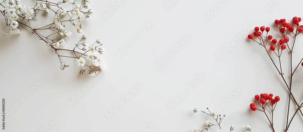 Poster a close-up image of a women's day decoration arrangement on a white surface with copy space image.