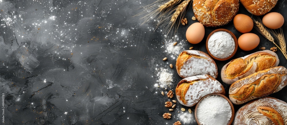 Poster Variety of bread types on a dark background with eggs, flour, wheat ears in a top-view setup for a bakery concept copy space image.