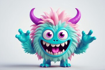 Naklejka premium Funny cute adorable fluffy furry 3D cartoon character monster portrait on isolated background. 