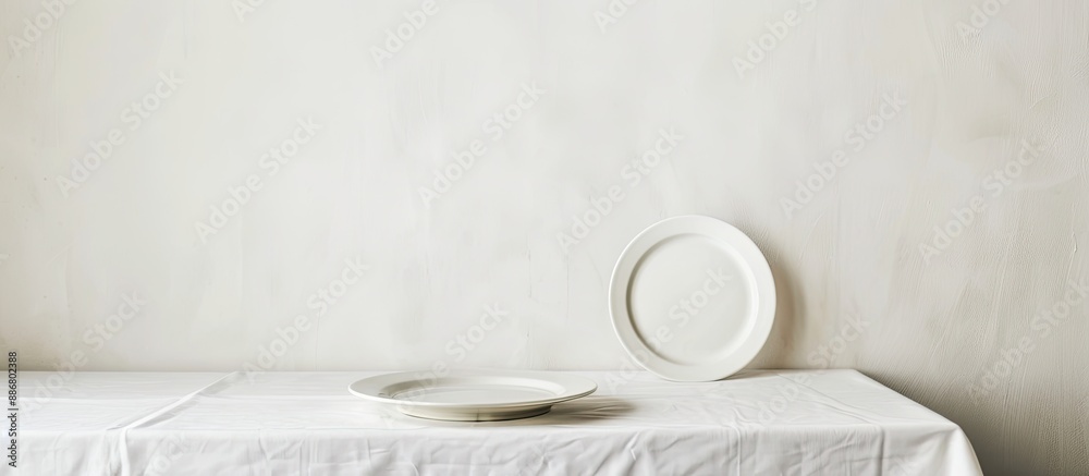 Aufkleber a white table with an empty plate on a white tablecloth offers a spot for text. includes copy space 