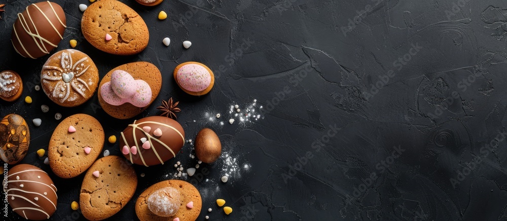 Poster Popular Easter treats like chocolate eggs and bunny cookies placed on a black background in a top view layout with space for adding text or images.