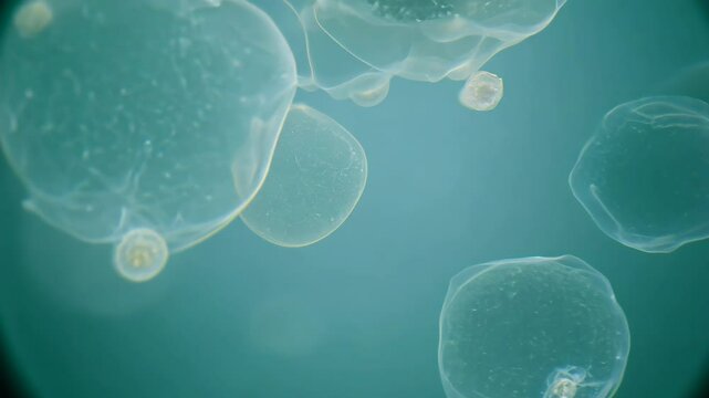 Science, research, medical innovation with microscope view of bacteria or virus DNA during lab analysis study. Microbiology experiment process, healthcare and medicine discovery.