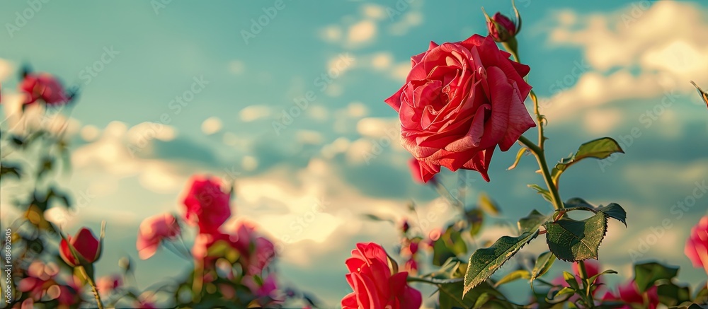 Poster roses blooming in a field with a beautiful sky in the background, perfect as a copy space image.