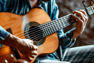 Fototapeta premium Close-Up of Guitarist Fingers Strumming Acoustic Guitar