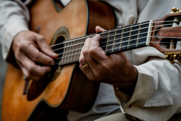 Fototapeta premium Intimate Moment of a Musician Mastering Guitar Chords